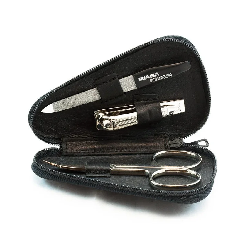 nail repair with immortelle extract-WASA Solingen 3-Piece Manicure Set, Black Leather Zip Case