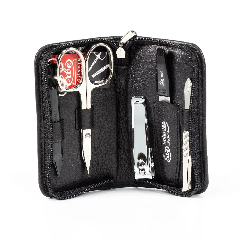 nail repair with manuka extract-Erbe Solingen 5-Piece Manicure Set, Black Leather Zip Case