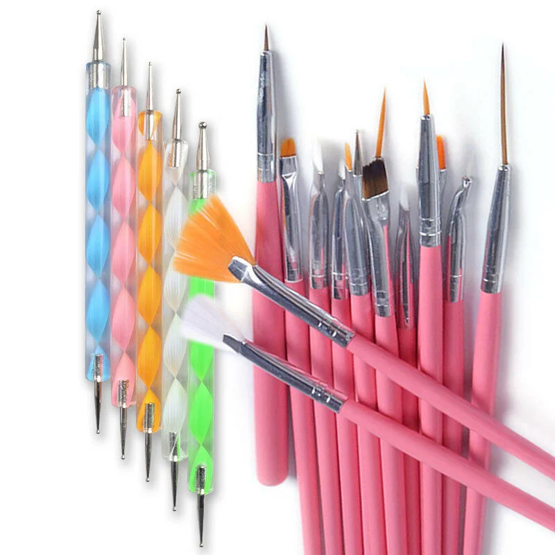 20Pcs Nail Art Brushes Pens Pink +Dotting Painting Drawing Tools 0427