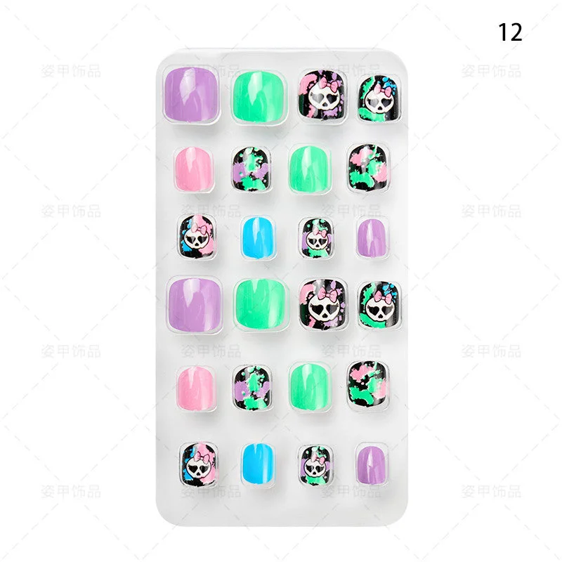 24pcs/Box Pink Glitter Press On False Nails For Kids Pre Glued Children Acrylic Powder Nails