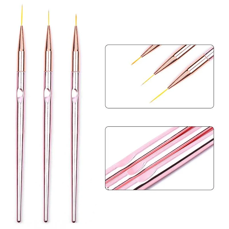 3Pcs Rose Gold Nail Art Fine Liner Pen Brushes Set 0485