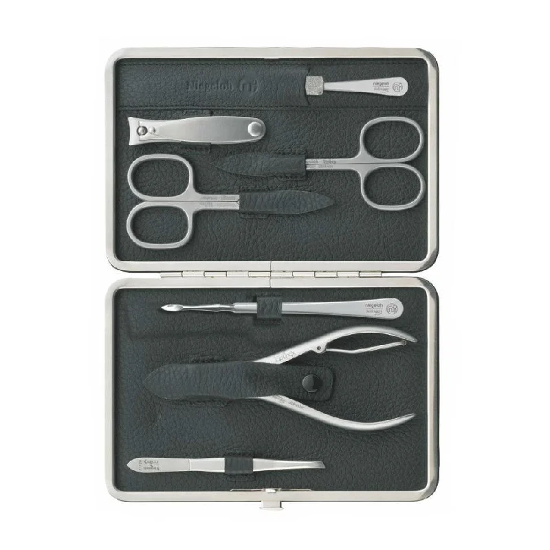 nail repair for marathoners-Niegeloh Solingen Capri XL 7-Piece TopInox Manicure Set, Black Leather Case