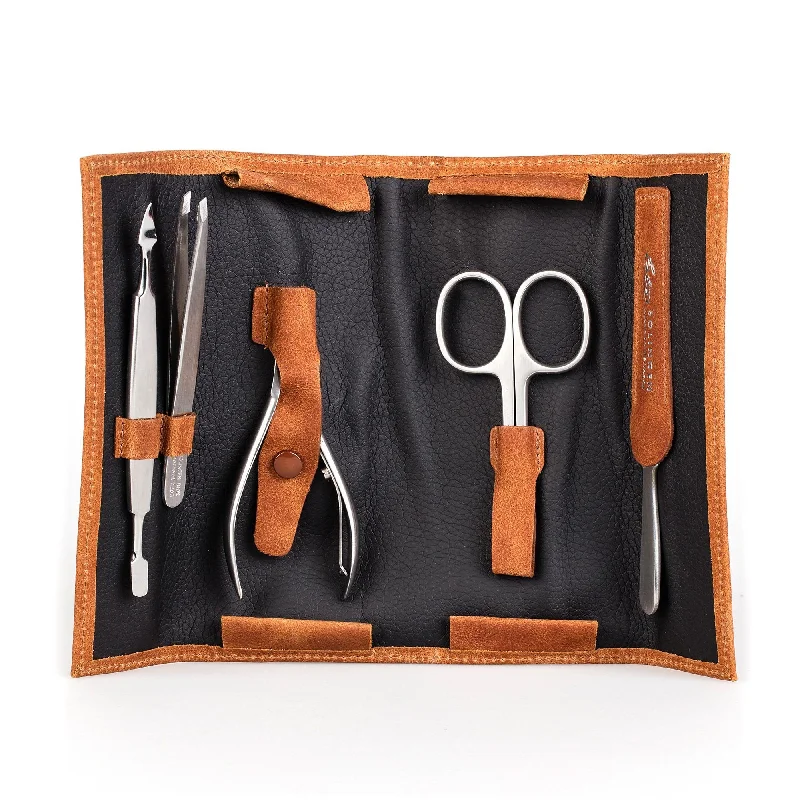 nail repair for climbers-Erbe Solingen 5-Piece Manicure Set, Cognac Leather Roll Case